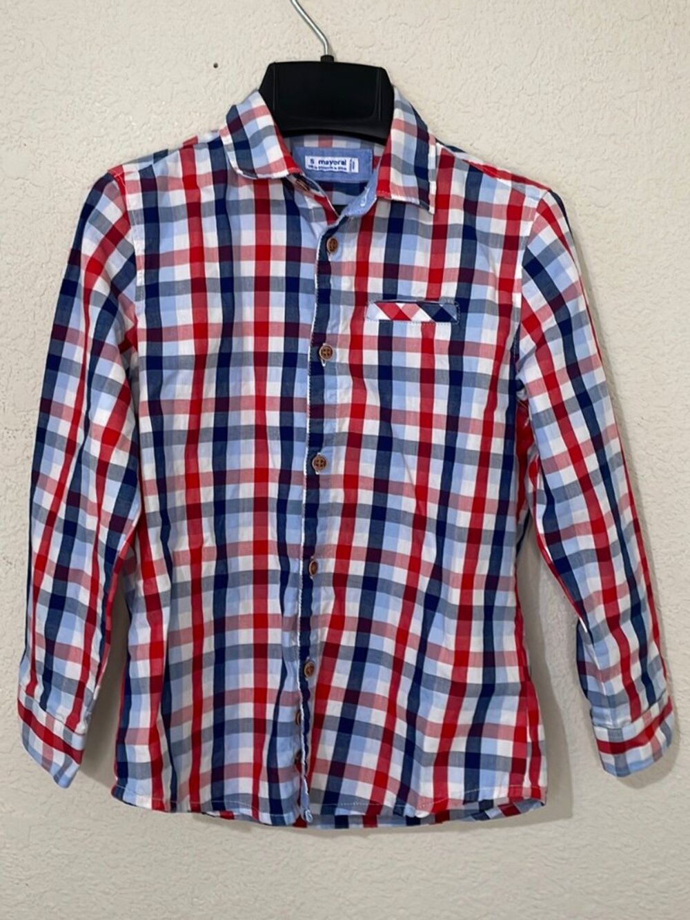 Mayoral Plaid Checkered Long Sleeve Button Down Shirt Red White Blue Size 5